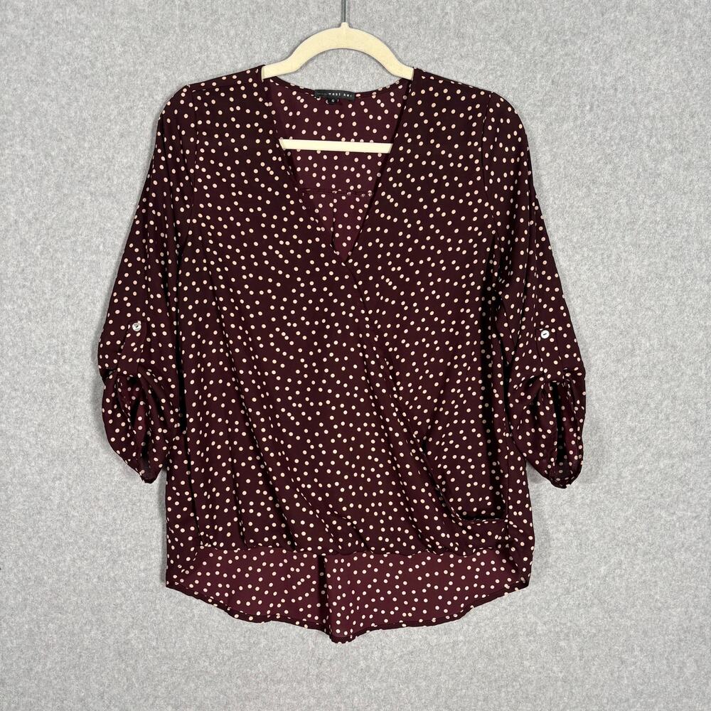 West‎ Kei Blouse Small Brown Cream Wrap Drape Hi Lo Flowy Loose Career Church